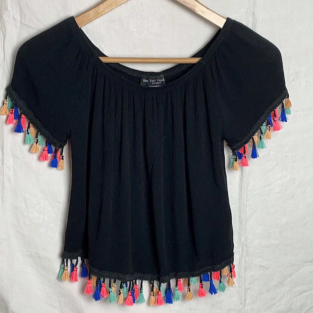 See You Monday Black S/S Juniors Top W/ Fringe Sleeves And Bottom Sz. S